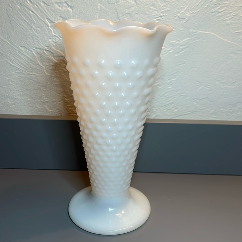 Vintage Anchor Hocking Hobnail Ruffled Milk Glass Vase, 9 1/2” Tall
